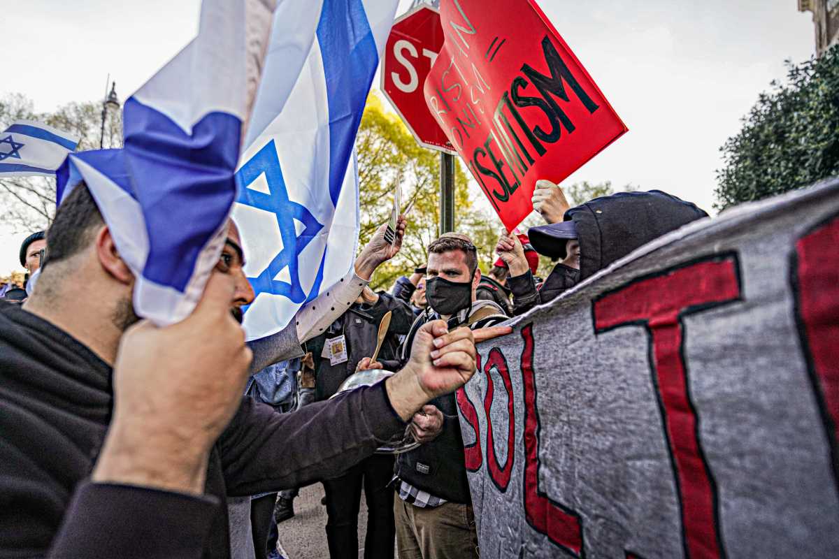 Protesters hold Israeli flag near Columbia University