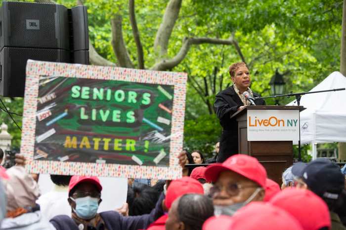 'We won't allow that': City Hall rallygoers demand Mayor Adams roll back cuts to senior centers, meal programs 5 City Council Speaker Adrienne Adams rallies with her colleagues, advocates and hundreds of seniors outside City Hall to call for the restoration of funding for older adult centers and meal programs. Thursday, May 16, 2024.