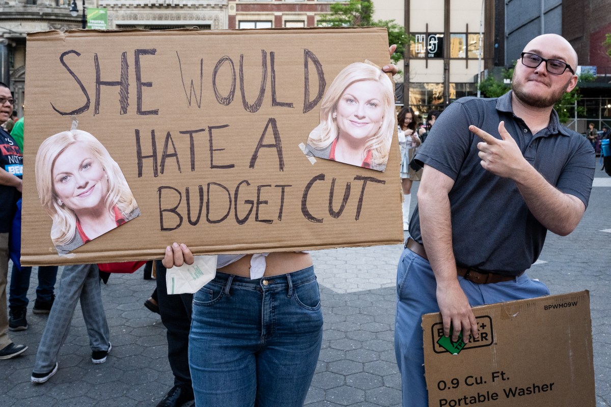 Park advocates demand Mayor Adams restore budget cuts to NYC Parks 10 One protestor thinks that Amy Poehler's "Parks and Recreation" character Leslie Knope would disagree with the cuts.