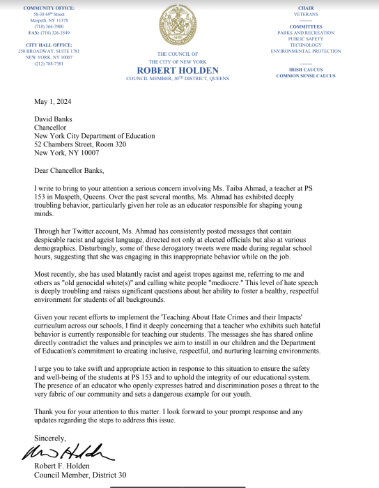 letter written by politician about Queens teacher