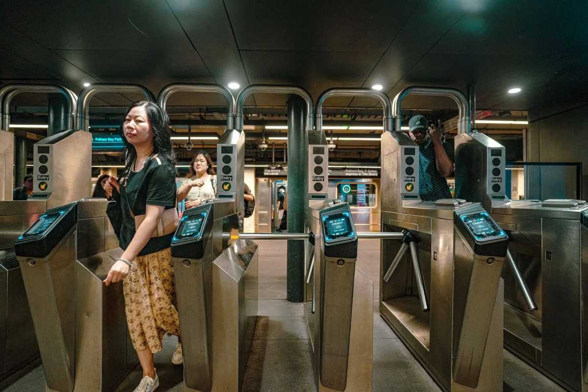The turnstiles at the 28th Street station on the 6 line.
