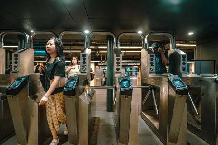 The turnstiles at the 28th Street station on the 6 line.