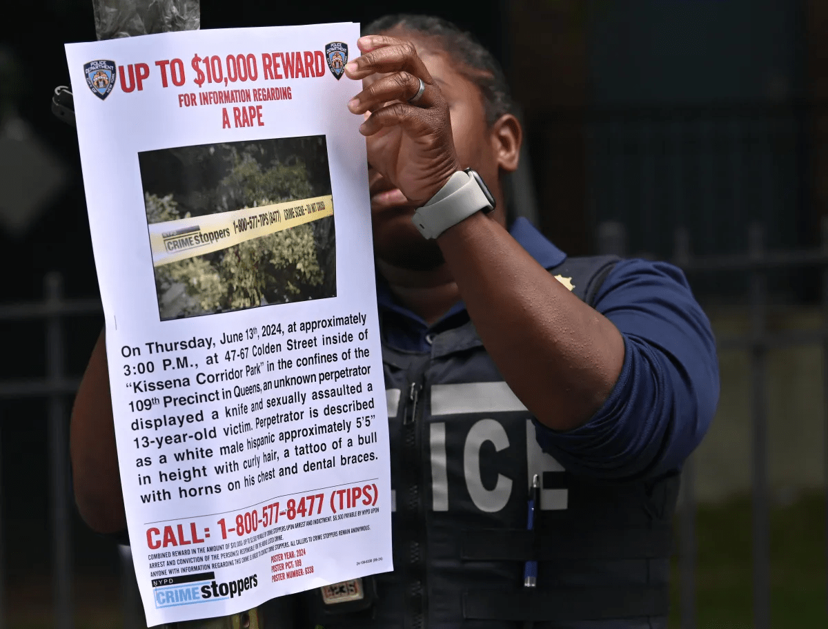Queens park rape: Person of interest in custody after being assaulted, sources say 3 NYPD officer hangs up poster of Queens park rapist case