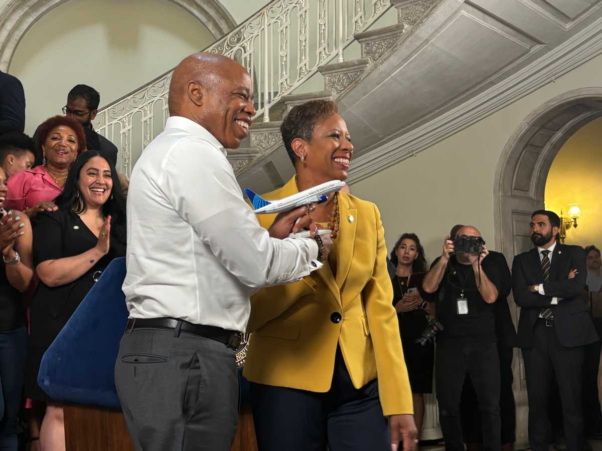Mayor Eric Adams and City Council Speaker Adrienne Adams shake hands on a Fiscal Year 2025 buget deal. Friday, June 28, 2024.