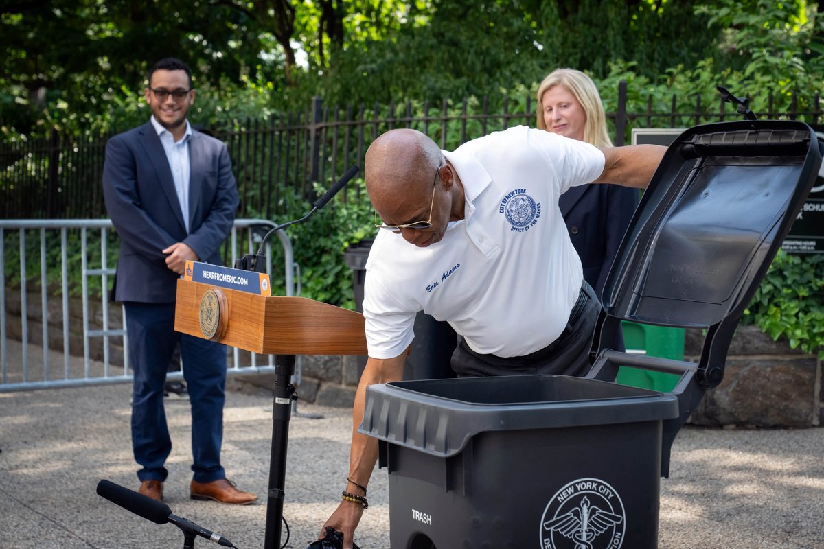 Mayor Eric Adams demonstrating the new wheeled and lidded official "NYC Bin" outside of Gracie Mansion. Monday, July 08, 2024.