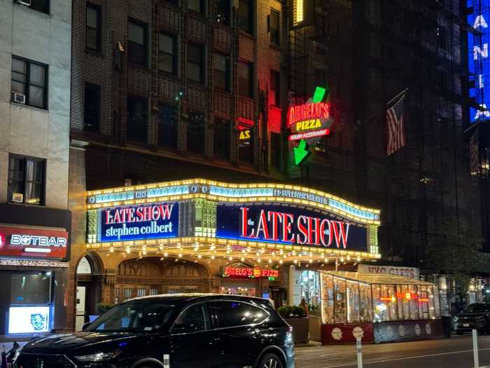 CBS will end ‘The Late Show with Stephen Colbert’ in May 3 nighttime exterior of The Ed Sullivan Theater, with 'The Late Show with Stephen Colbert" on the outside sign.