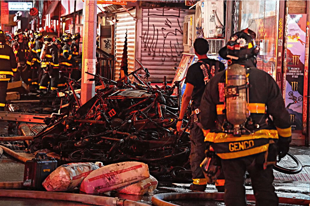 A pile of burnt e-bikes following a deadly fire at a Chinatown bike shop in 2023.