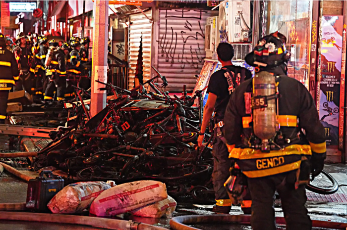 Hochul signs bills requiring certification of volatile e-bike batteries, registration for mopeds 6 A pile of burnt e-bikes following a deadly fire at a Chinatown bike shop in 2023.