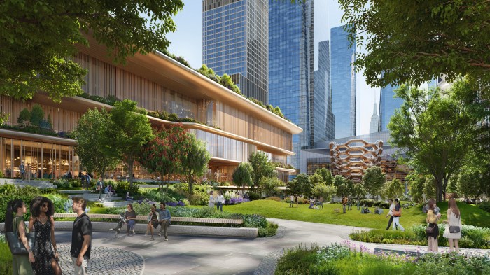 Exclusive | High Line and Chelsea advocates opposes $12 billion Hudson Yards casino proposal 3 rendering of green space near Hudson Yards with people walking outside in day time