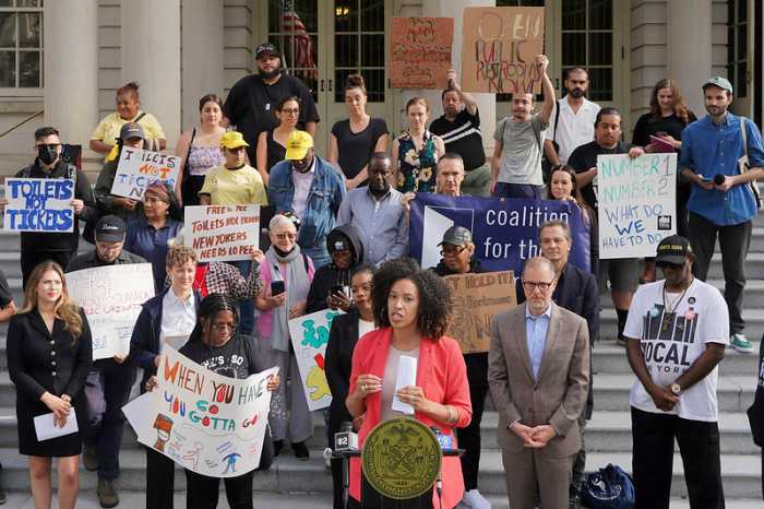 'Free to Pee': Council members, advocates push bills to open up more public restrooms for New Yorkers 4 City Hall rally for more public bathrooms in New York City