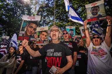 Hundreds upon hundreds of men, women, and children assembled on 90th Street and Central Park West to mourn the catastrophic loss of life and plead for the return of those that have languished in Hamas captivity for an entire year.