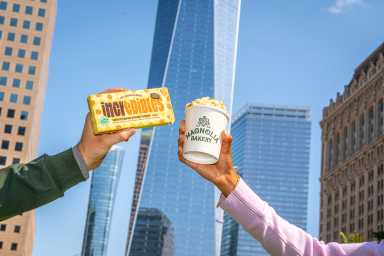 Magnolia Bakery and incredibles launch new THC-fused bars based on iconic bakery flavors 34 an incredibles product held in the air next to Magnolia Bakery's banana pudding