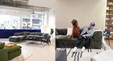 left: a couch in the Cozey show room.Right: a man and his dog sit on a cozey couch