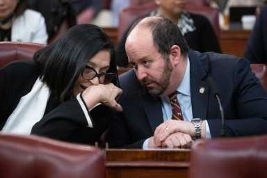 Republican Council Members Joann Ariola of Queens (left) and David Carr of Staten Island (right) are facing off to be the chamber's next minority leader. Taken on Jan. 23, 2025.