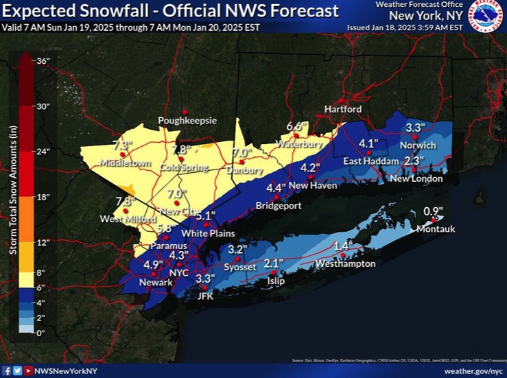 Snowstorm in the forecast Sunday as NYC ahead of an arctic blast 2 Expected snowfall totals around the New York City area on Jan. 19, 2025.