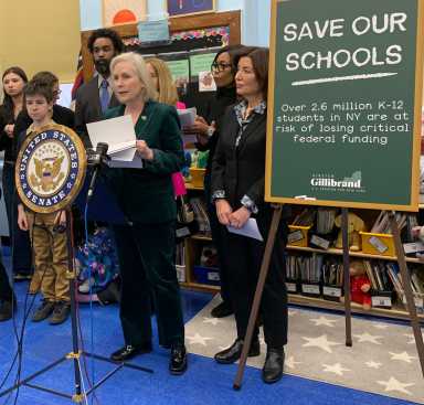 New York's schools and students would suffer major economic and academic losses if Trump erases Department of Education, pols warn 22 Sen. Kirsten Gillibrand at a podium in an education classroom