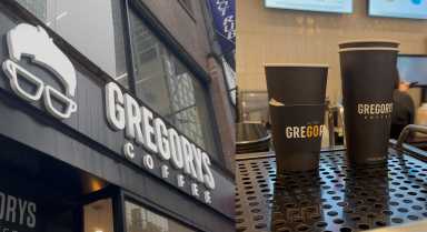 Gregorys Coffee storefront and coffee cups