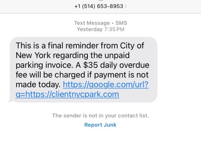 Scam alert: Fraudulent texts tell New Yorkers they owe money in unpaid parking fees 2 scam text message