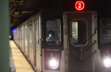 Subway train arriving at Times Square station