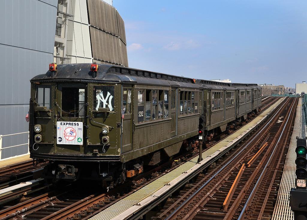 vintage train outside with a Yankees logo