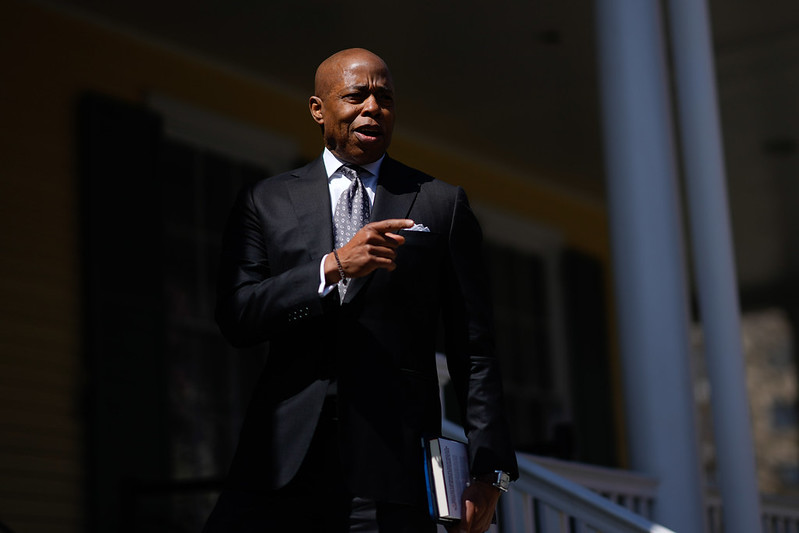 Mayor Eric Adams speaking at Gracie Mansion