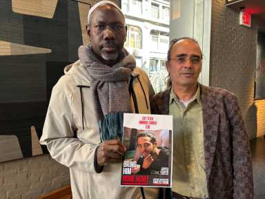 Sheikh Musa Drammeh, president of Muslims Israel Dialogue, with Yehuda Cohen, father of Nimrod Cohen, one of more than 50 Israeli hostages still held captive since Oct. 7, 2023.