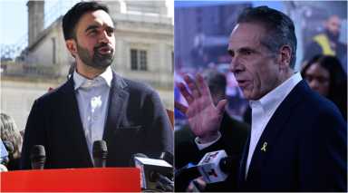 Former New York Gov. Andrew Cuomo, right, and Queens Assemblyman Zohran Mamdani, left, are leading the field in the 2025 New York City Democratic mayoral primary, according to the latest poll