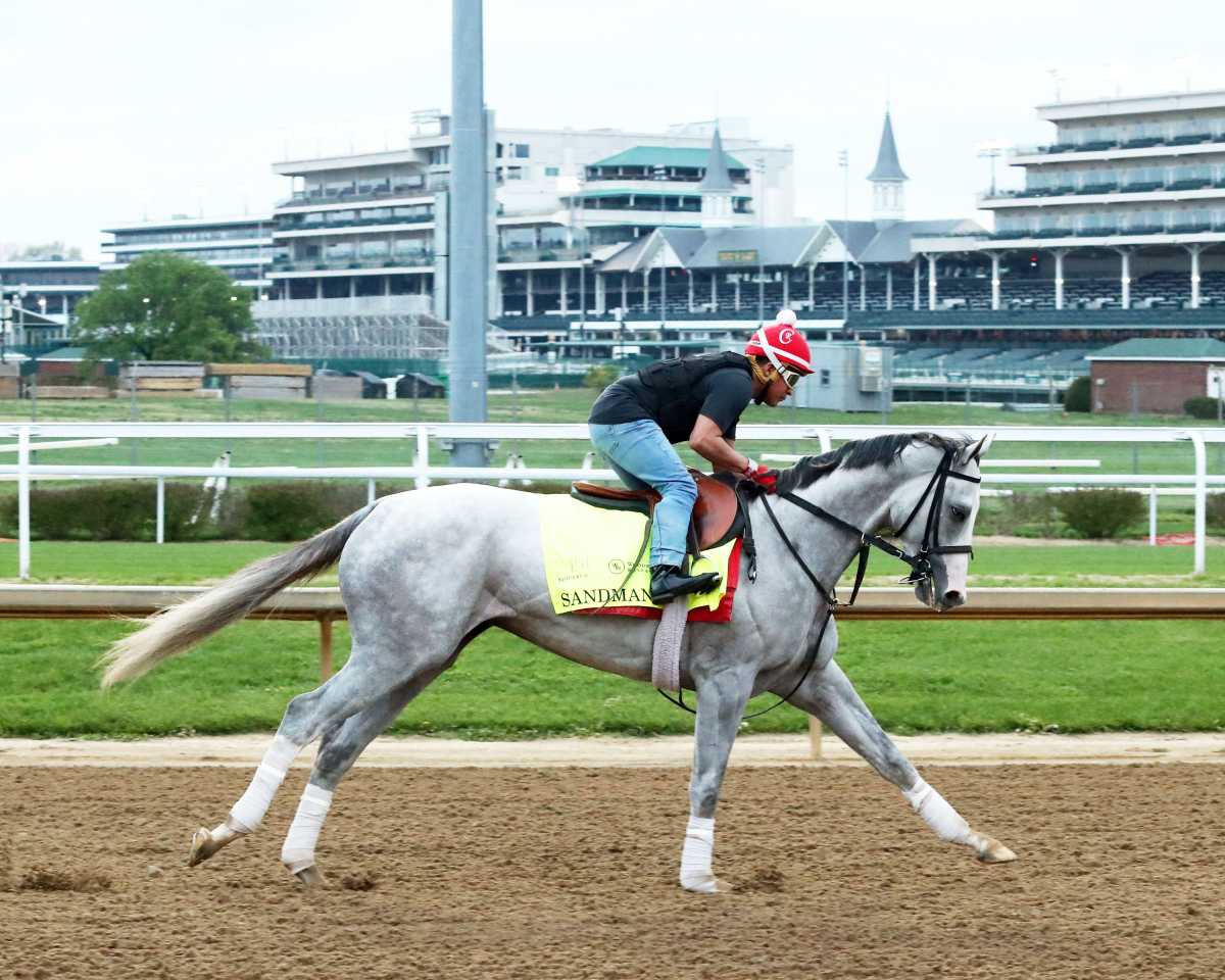 Kentucky Derby hopeful Sandman galloping over the Churchill Downs main track.