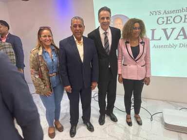 Andrew Cuomo and Adriano Espaillat with group of people at endorsement in 2025 NYC Mayor's Race