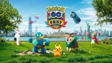 this image shows various pokemon, including Pikachu, under a logo for Pokémon GO Fest