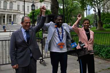 Public Advocate Jumaane Williams endorses City Council Speaker Adrienne Adams and Comptroller Brad Lander in City Hall Park on Tuesday, May 27.