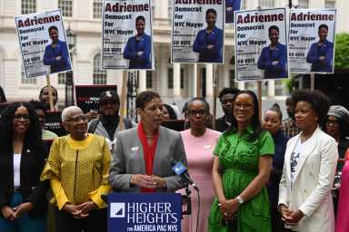 City Council Speaker Adrienne Adams speaks at a press conference in City Hall Park on Tuesday, where she received endorsements from elected officials and women-led organizations in her campaign for mayor.