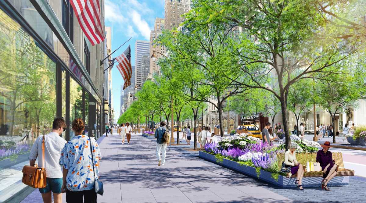 Editorial | Manhattan transit projects putting pedestrians, and businesses, first 2 A rendering shows the proposed pedestrian-focused redesign of 5th Avenue between Bryant Park and Central Park, featuring widened sidewalks, new trees, seating areas and stormwater infrastructure