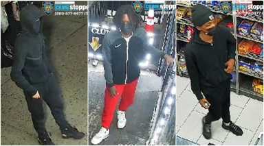 The NYPD released these surveillance images of three alleged suspects accused of robbing and assaulting a man inside a Washington Heights store on March 11.
