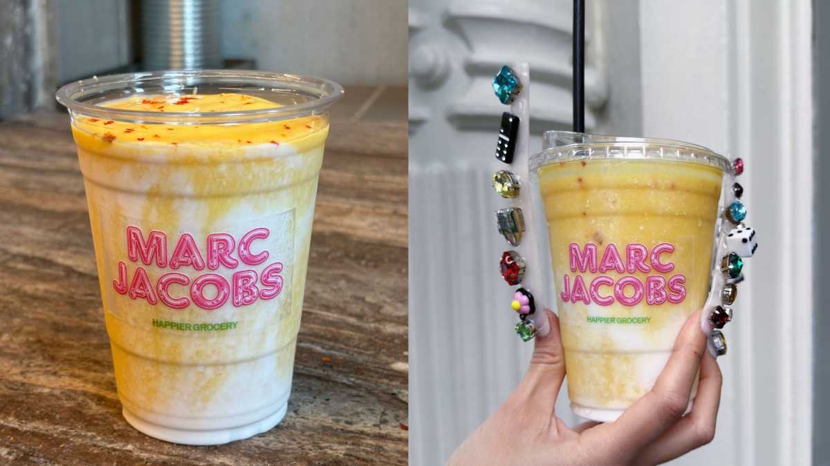 a side by side view of the Happier Grocery and Marc Jacobs smoothie collaboration