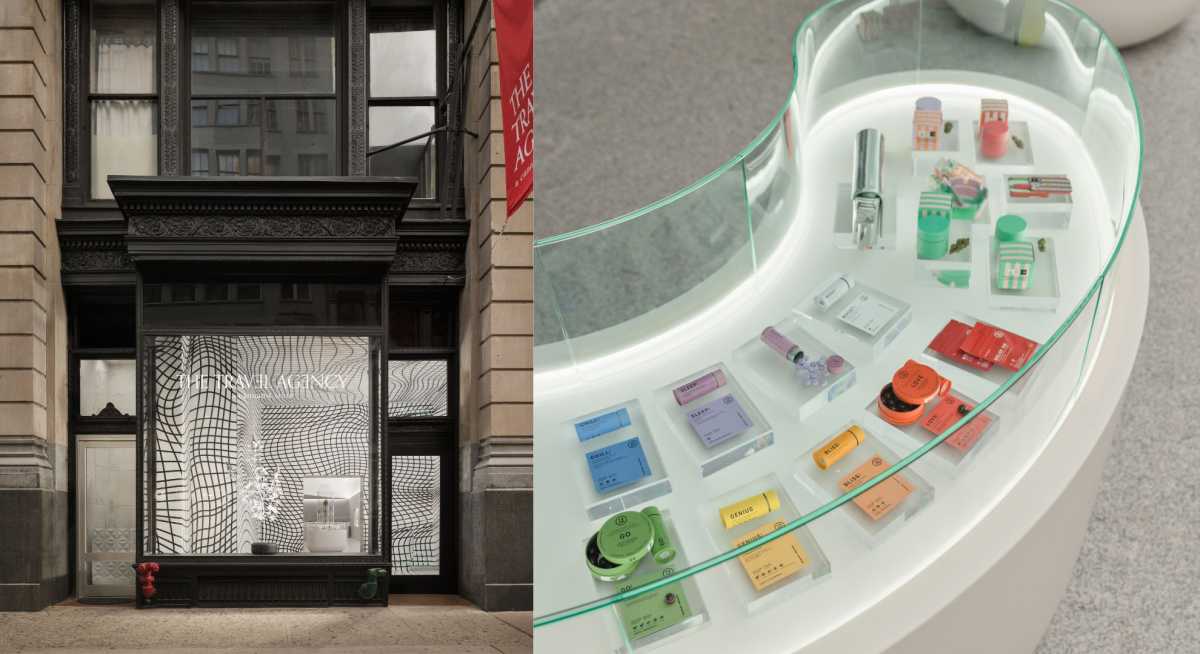 The exterior of the Travel Agency soho store next to cannabis products
