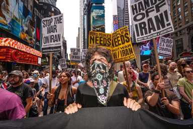 Fuming New Yorkers gathered in Times Square on Sunday afternoon to denounce President Trump’s decision to bomb Iran and pledged to march on the White House later this month.