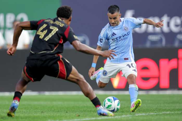 Jun 12, 2025; New York, New York, USA; New York City FC midfielder Maximiliano Moralez (10) scores a goal against Atlanta United defender Matthew Edwards (47) during the first half at Yankee Stadium. Mandatory Credit: Brad Penner-Imagn Images