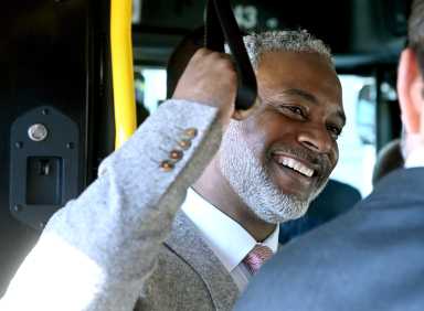MTA New York City Transit President Demetrius Crichlow riding bus in Queens