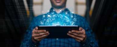 Futuristic Technology Retail Warehouse: Managers use digital tablets to manage smart warehouses for overseas exports. Digital inventory control, smart logistics, future transportation innovation AI