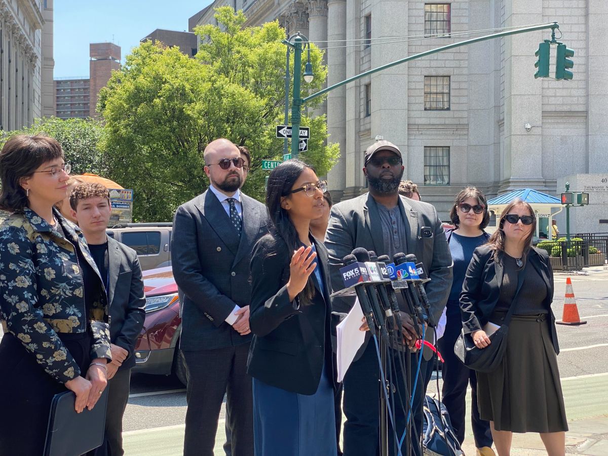 Meghna Philip, Director of Special Litigation at the Legal Aid Society, speaks outside the courthouse after arguing in support of the City Council’s case. Philip submitted an amicus brief and warned the court that that it can't offered to wait for harms to occur