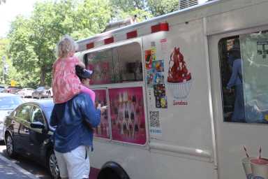 NYC bakes in first major heat wave of 2025, but not everyone feels the heat equally 30 a child sits on her dad's shoulders while buying ice cream from an ice cream truck during a NYC heat wave