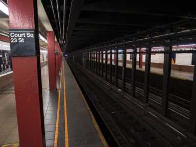 The Court Square–23rd Street subway station in Long Island City, Queens, where police say a woman and her infant daughter were assaulted aboard an arriving M train on June 20,