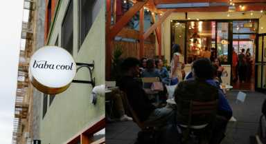 Brooklyn's baba cool celebrates one year in larger location with outdoor dining space 47 (left) the baba cool sign, (right) baba cool's outdoor dining space filled with people