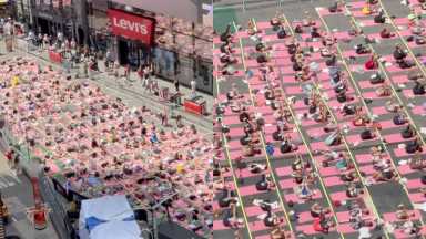 Finding calm in the chaos: Thousands gather for solstice yoga in Times Square 20 Thousands came out for Solstice Yoga in Times Square.