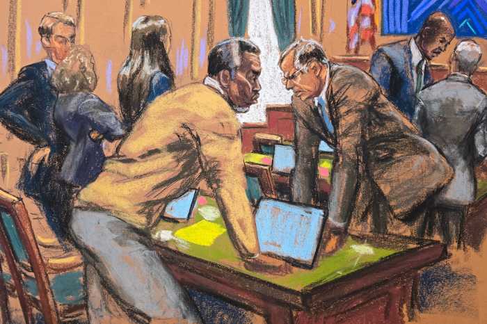 Jury reaches verdict on some counts at Sean 'Diddy' Combs' sex trafficking trial 6 Sean "Diddy" Combs and his attorney Marc Agnifilo discuss with other defense lawyers on how to respond to a new note sent by jurors, during Combs' sex trafficking trial in New York City, New York, U.S., July 1, 2025 in this courtroom sketch.