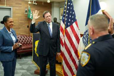 Tom Donlon sworn in as interim NYPD commissioner in September 2024, a role he now claims in a federal lawsuit was undermined by systemic corruption and political interference
