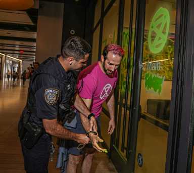 police officer arrests man who vandalized Meta office in climate protest with green paint