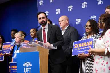 Democratic mayoral nominee Zohran Mamdani rallies with United Federation of Teachers President Michael Mulgrew and union members after the group endorses him. Wednesday, July 9, 2025.