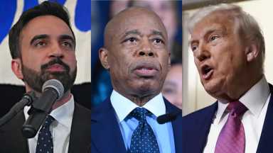 Three men (Zohran Mamdani, Eric Adams and Donald Trump) speaking in suit and ties